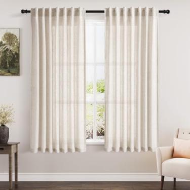 Imagem de Cortinas texturizadas de linho bege, conjunto de 2 painéis, 152 cm de comprimento, para sala de estar, quarto, curta, semitransparente, filtro de luz, aba traseira, bolso de varão, cortinas de meia