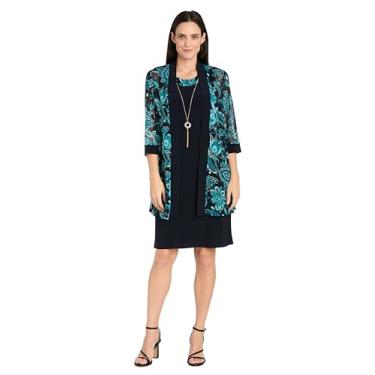 Imagem de R&M Richards Vestido de bainha e jaqueta transparente com estampa de folha com mangas ¾, Azul-marinho, azul-petróleo, 54