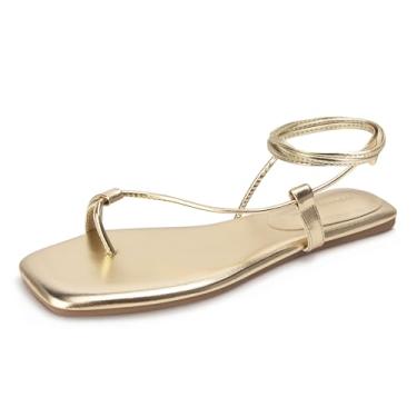 Imagem de Viciously Vixen Sandálias femininas com cadarço com tiras gladiador gladiador chinelo de amarrar bico aberto sapatos de verão, Dourado, 37