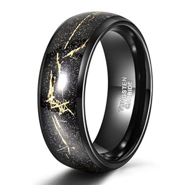 Imagem de TRUMIUM Anéis de tungstênio 8 mm Aliança de Casamento Masculina Preta e Dourada Fragmentos de Folha Preta Bordas Chanfradas Embutidas Tamanho 6-13, Tungstênio, Carboneto de tungstênio