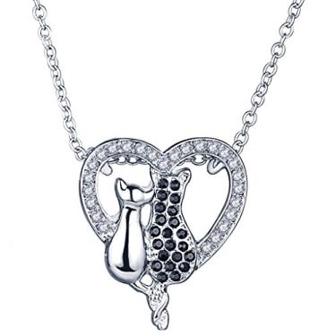 Imagem de Yumilok Colar feminino de liga metálica para casais, gatos, joias, pingente de coração de zircão, moderno, fofo, colares delicados para adolescentes, filhas, amigas, mulheres, mãe, presente de