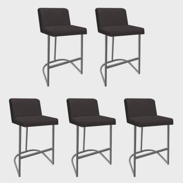 Imagem de Kit 05 Banquetas Com Encosto Noah Luxo Confort Bistrô Cozinha Ferro Cinza Corino Marrom - Ahz Móveis