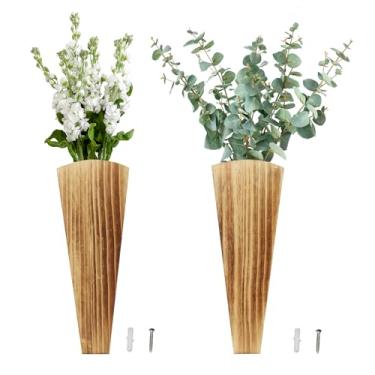 Imagem de Buxiffod Conjunto de 2 vasos de madeira montados na parede, suportes de flores de madeira em forma de leque, ideais para sala de estar, quarto, decoração de casa de fazenda, para flores secas ou