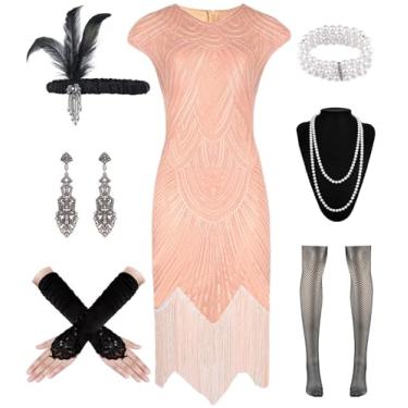 Imagem de WILDPARTY Vestidos melindrosa anos 20 Gatsby vestidos de lantejoulas vintage renda com franjas vestido de coquetel com conjunto de acessórios anos 20 (rosa GG)