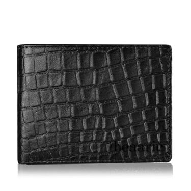 Imagem de Carteira masculina de couro – bloqueio RFID, fina e elegante com compartimentos e janela para identidade, carteira masculina dobrável, presente para homens, estampa de crocodilo, Preto, 1 x 5 x 4