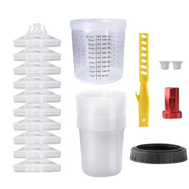 Imagem de Kit de copo de mistura de tinta descartável, pulverizador de tinta HVLP, kit de 600 ml com sistema de 10 xícaras e tampas, 10 plugues e 1 copo rígido com anel retentor, 1 adaptador de xícara, agitador