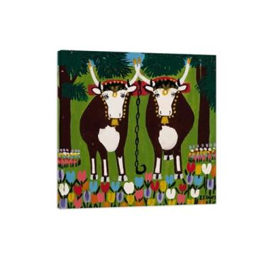 Imagem de Maud Lewis Poster-Famous Canvas Prints Reprodution-Artwork Picture Wall Art para decoração moderna de sala de estar (dois bois com flores) Tela embrulhada 30x30cm-12x12in