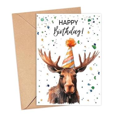 Imagem de Cartão de aniversário de alce com chapéu de festa - cartão de feliz aniversário - presente de alce - nascimento de animais de safári zoológico - cartões de felicitações de zoológico - cartões de