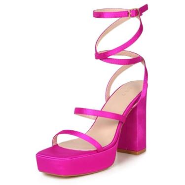 Imagem de Allegra K Sandálias femininas de cetim com salto alto e bico quadrado, Rosa fúcsia, 38
