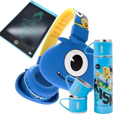 Imagem de Kit Infantil 3 em 1, Fone de Ouvido Azul, Lousa Mágica LCD, Copo Térmico com Tampa, Presente para Crianças