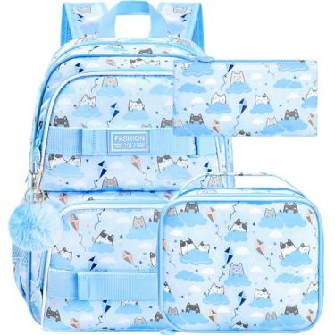 Imagem de UFNDC Mochilas estéticas resistentes à água de 43 cm, azul, fofa, antirroubo, para mulheres e adolescentes, Mochila feminina azul gato nuvem, One Size, Mochila feminina azul gato nuvem