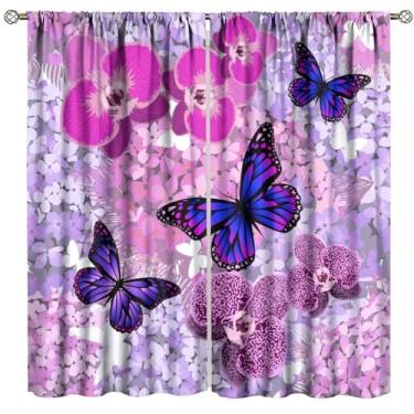 Imagem de Cortinas de borboleta, quarto de meninas, flores roxas e borboletas românticas, decoração de casa, quarto, sala de estar, tratamento de janela, conjunto de 2 painéis, tamanho total 106,7 cm L x 114,3