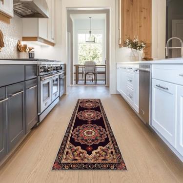 Imagem de Tapete de corredor, 5 x 15 cm, para entrada, boho, preto, vermelho, vintage, tapete de cozinha, antiderrapante, lavável, para lavanderia, banheiro, quarto, hall de entrada, tapete de porta