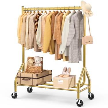 Imagem de EAGMAK Suporte de roupas pesado, 190 kg, organizador de roupas com rodas traváveis, roupas de metal com prateleiras, suporte de guarda-roupa portátil, suporte resistente para pendurar (dourado)