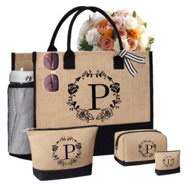 Imagem de Bolsa inicial e 3 bolsas de maquiagem monograma bolsa de praia com zíper, presentes personalizados para mulheres, sacola de lona, P 4 peças, Large