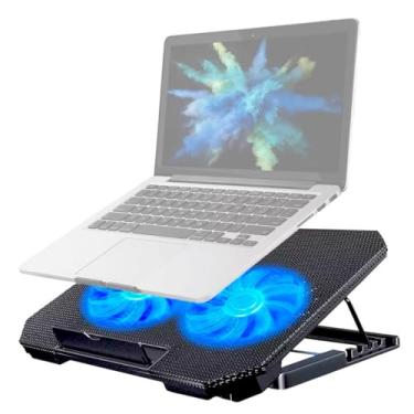 Imagem de Suporte para Notebook com 2 Coolers Silenciosos, LED Azul, Ultrafino 3cm, 8 Níveis de Inclinação, Base Metálica Ergonômica para 12” a 17”, USB, Ideal para Jogos, Home Office e Escritório