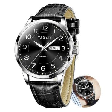 Imagem de Taxua Relógio masculino pulseira de couro marrom preto, fácil de ler, relógios masculinos com data do dia, relógios modernos luminosos à prova d'água para homens, relógio casual masculino com