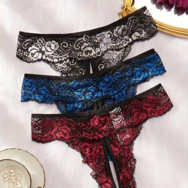 Imagem de Kit 3 Calcinha de Renda Floral com abertura Frontal ElaShopp, XG