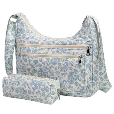 Imagem de Conjunto de 2 peças de bolsa e sacola feminina pequena floral acolchoada, bolsas de ombro com vários bolsos para uso diário, viagens, Azul claro, Leve
