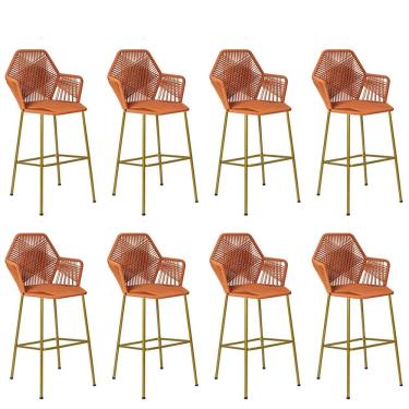 Imagem de Kit 08 Banqueta Alta Com Encosto Sttar Ferro Dourado Fibra Terracota