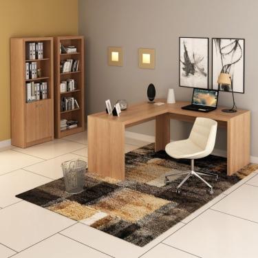 Imagem de Conjunto Home Office 3 Peças Com 1 Mesa Para Escritório Em L 2 Estantes Espresso Móveis Amendoa