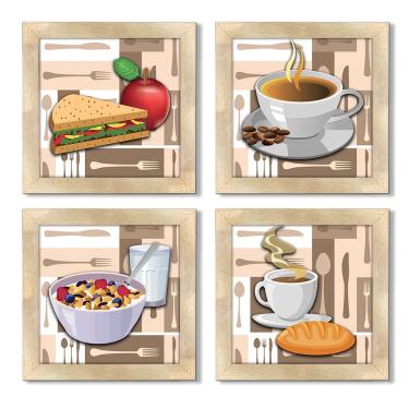 Imagem de Quadro Decorativo Cozinha Café Manhã Padaria 20X20Cm Kit 4Un Titulo Moldura Carvalho
