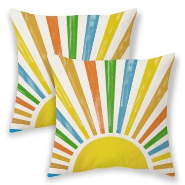 Imagem de Capas de almofada de verão para ambientes externos, 40,6 x 40,6 cm, 2 peças, amarelo, azul, verde, sol, sol, arco-íris, abstrata, decoração de casa de fazenda, fronha, capa de almofada de linho para