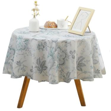 Imagem de Qubjus Toalha de mesa redonda floral de linho – Capa de mesa lavável em tecido de linho estampado rústico para decoração de casa (flores azuis, redonda - 139 cm)