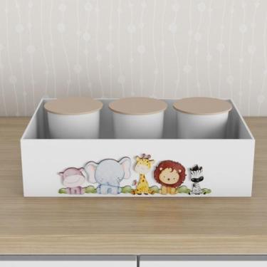 Imagem de Trio de Potes e Bandeja Kit Higiene MDF Safari Selva - Neném na Nuvem,