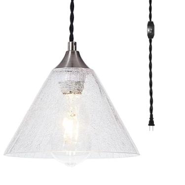 Imagem de Karzibo Luminária Pendente Mini Plug In Com Cabo De 5 Metros, Vidro Rachado Transparente Regulagem Intensidade, Em Níquel Escovado, Para Pia Cozinha, Sala Estar, Quarto E Canto