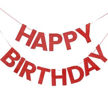 Imagem de LITAUS Banner de feliz aniversário com glitter vermelho - placa de fundo pré-amarrada sem bricolage para festas, adultos, crianças, mulheres e meninas - Decorações de aniversário reutilizáveis e