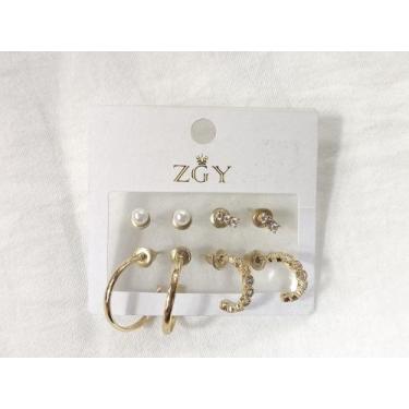 Imagem de Kit 4 pequenos Brincos femininos folheados de zircão Brincos Argola - 