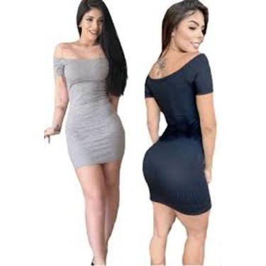 Imagem de Vestido feminino ombro a ombro curto manga curta malha canelado com el