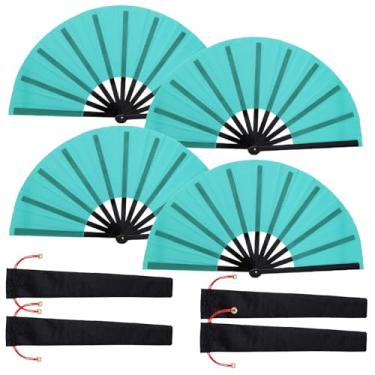 Imagem de Nydotd 4 pacotes de leques grandes de rave leques dobráveis de mão pano de nylon dobrável com manga de suporte para homens e mulheres dança chinês Kung Fu Tai Chi decorações festa (azul, grande)