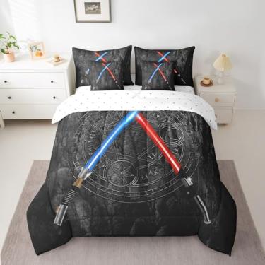 Imagem de Jogo de cama King com estampa de sabre de luz, azul neon, vermelho, geométrico, sol, lua, lençol de cima, moderno, vintage, parede de pedra, 2 fronhas, preto