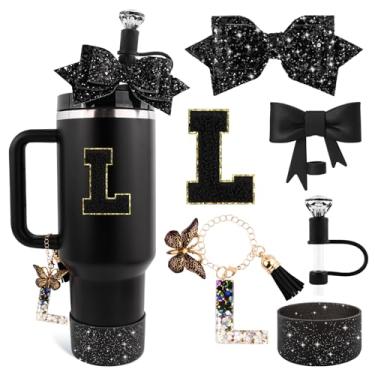 Imagem de Lingdeer Conjunto de acessórios de copo preto para Stanley 850 g e copo de 1,134 g com alça, pingentes de letras, capas de canudo de arco e diamante, bota de silicone com glitter, adesivo