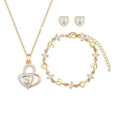 Imagem de Conjunto de joias para damas de honra de coração de amor para mulheres e meninas, conjunto de 1-4-6-8 conjuntos de 18 quilates e ouro rosa e prata cravejado com strass com colar de cristal conjunto de pulseiras presente para casamento/noivado/aniversário, Zinco Metal Vidro, Sem pedras preciosas