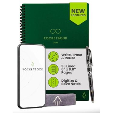 Imagem de Rocketbook Caderno espiral reutilizável New Core, tamanho executivo 15 x 21 cm, verde - páginas forradas, conectadas ao aplicativo, apagável, capa durável, ideal para escola, trabalho e projetos