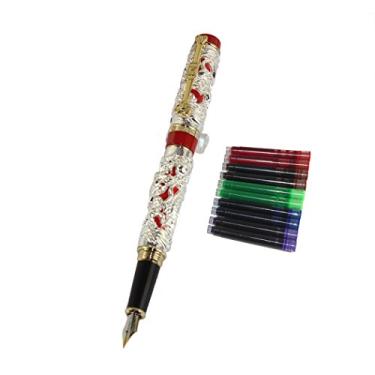 Imagem de Caneta-tinteiro Gullor Noblest Dragon and Phoenix com bolsa de caneta de couro PU e cartucho de tinta de 5 cores, Silver and red-Fountain pen with ink