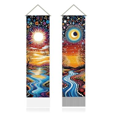 Imagem de SUPERDANT Tapeçaria de sol, lua e rios, estampa em estilo de bolinhas, tapeçaria de parede, manta de parede, pacote longo de 2 tapeçarias com borla, para decoração de pano de fundo de sala de estar