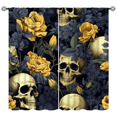 Imagem de Cortinas góticas de caveira de açúcar, esqueleto, gótico, retrô, decoração floral assustadora, tratamentos de janela para quarto, banheiro, café, cozinha, sala de estar, restaurante, cortinas 104 cm L