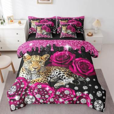Imagem de Jogo de cama de casal de 7 peças com estampa de leopardo, rosa choque, arte fluida de tinta ombré, conjunto de lençol e edredom com estampa de leopardo de gato grande, animais de safári africano,