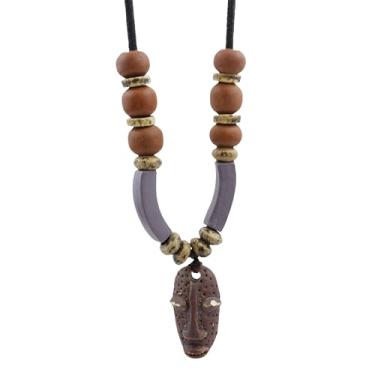 Imagem de Joddfly Colar com pingente de máscara tribal, cordão ajustável de 73,7 cm, contas de cerâmica, estilo boêmio, Standard size, Cerâmica, Sem Pedra Preciosa