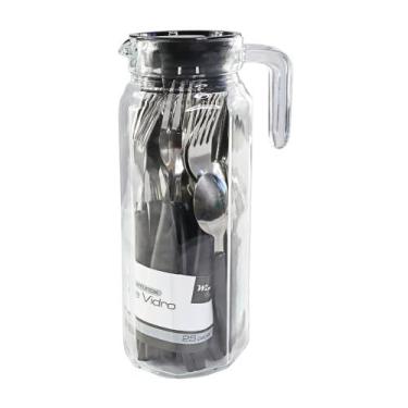 Imagem de Conjunto de Talheres 24 Peças com Jarra de Vidro 1L, Preto, Aço Inox e Polipropileno