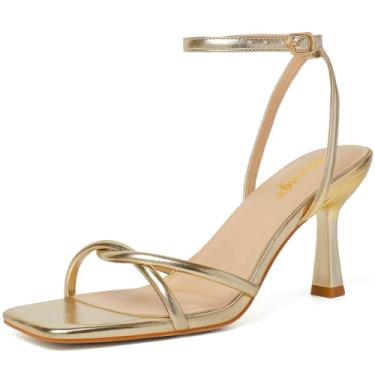 Imagem de RIBONGZ Sandálias femininas de salto quadrado, bico aberto, salto gatinho com tira no tornozelo, elegante, verão, casamento, festa, formatura, uso diário, cadarço, Dourado, 41