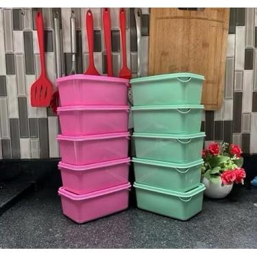 Imagem de Kit 10 potes Retangulares 1 litro marmita vasilha tapoer(rosa e verde)
