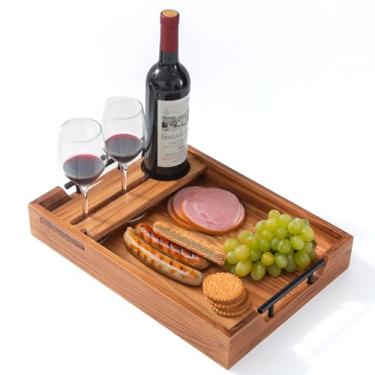 Imagem de Bandeja de servir com alças, bandejas decorativas de madeira com suporte removível para garrafas de vinho, copos e alimentos, bandeja retangular para otomano, cama, jantar ou mesa de centro