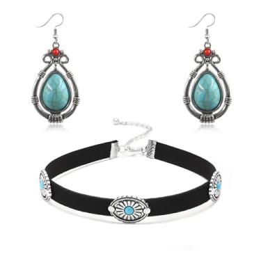 Imagem de QLUYCKW Conjunto de colar de brincos turquesa em forma de gota feito à mão para mulheres, boêmia, tribal, antigo, estilo étnico, brinco delicado com gota, pingente de gota, joia ocidental, Medium