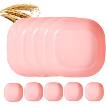Imagem de Conjunto de 10 pratos quadrados de palha de trigo de 15 cm, prato de jantar profundo inquebrável, leve, uso reutilizável para casa e cozinha (rosa)