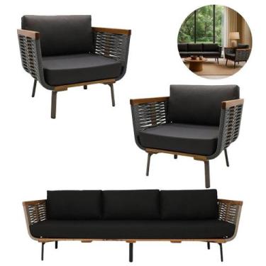 Imagem de Conjunto Sofá Chile Madeira Pés Alumínio Corda Náutica - NossaKasa Móv